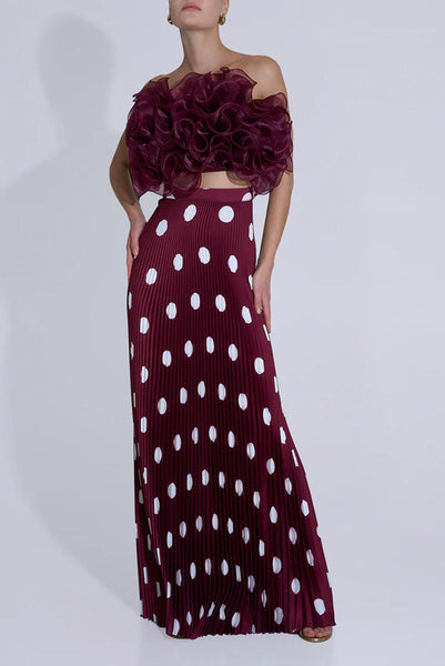 Eye-catching Satin Pleated Poka Dot Print High Rise Drape Maxi Skirt