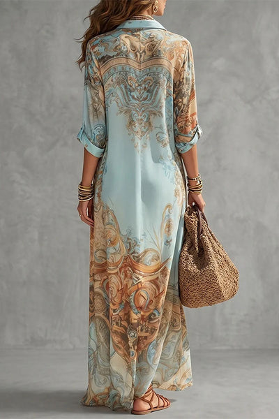 Boho Vintage Art Print Button Down Maxi Shirt Dress