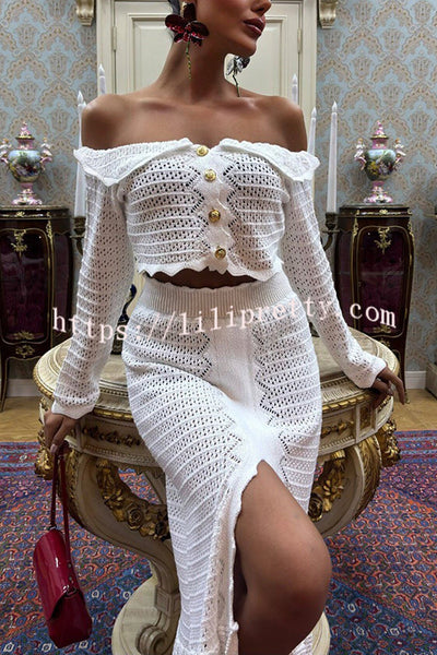 Fashion Knitted Off-the-shoulder Long-sleeved Top and Elastic Slit Maxi Skirt Set