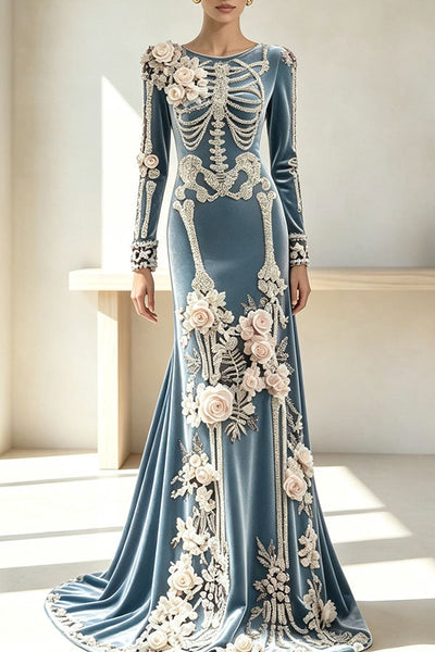 Luxury skull embroidered velvet dress