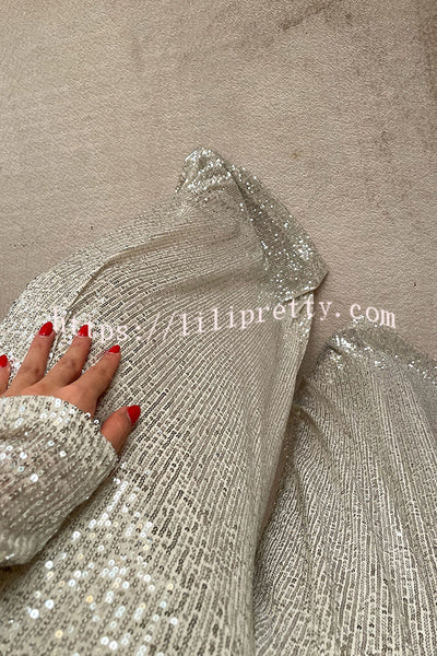Fashionable Shiny Sequined Long-Sleeved Cropped Top and Casual Wide-Leg Pants Set