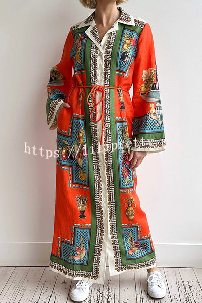 Linen Blend Unique Print Tie-waist Casual Maxi Dress
