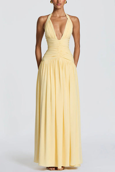 Amaris Halter Tie-up V-neck Ruched Detail Back Lace-up Slit Drape Maxi Dress