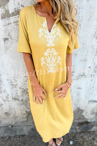 Embroidered Pattern V-neck Short-sleeved Loose Midi Dress