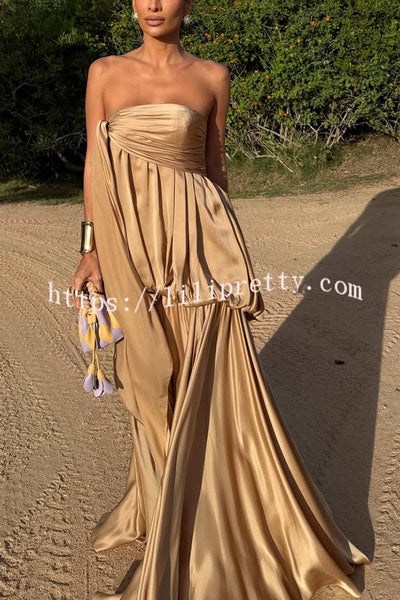 Flowing Fantasy Satin Pleated Bubble Design Strapless Drape Maxi Dress