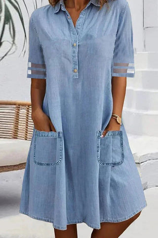 Solid Color Lapel Short Sleeve Loose Pocket Denim Mini Dress