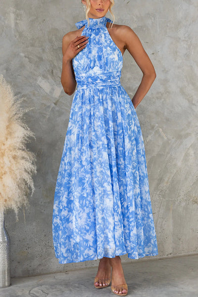 Eternal Bloom Chiffon Floral Print Halter Tie High Neck Maxi Dress