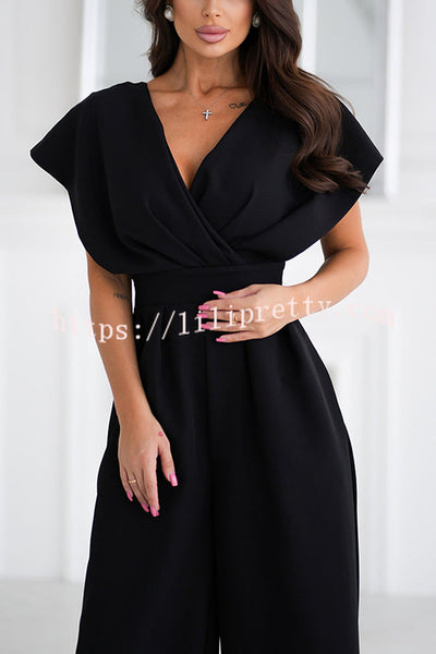 Solid Color V-neck Waist Casual Wide-leg Jumpsuit