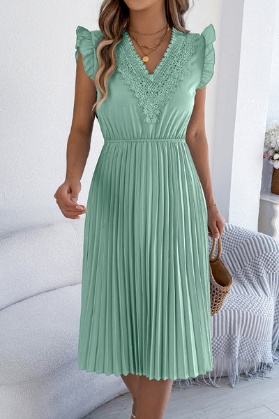 Solid Color V-neck Lace-trimmed Sleeveless Casual Pleated Midi Dress