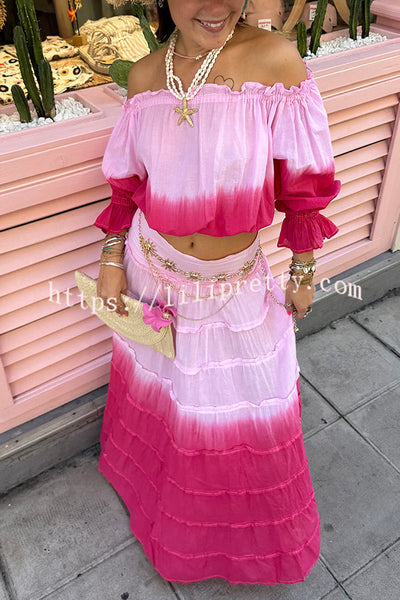 Fashionable Gradient Off Shoulder Long Sleeve Top and Resort Style Spliced Maxi Skirt Set