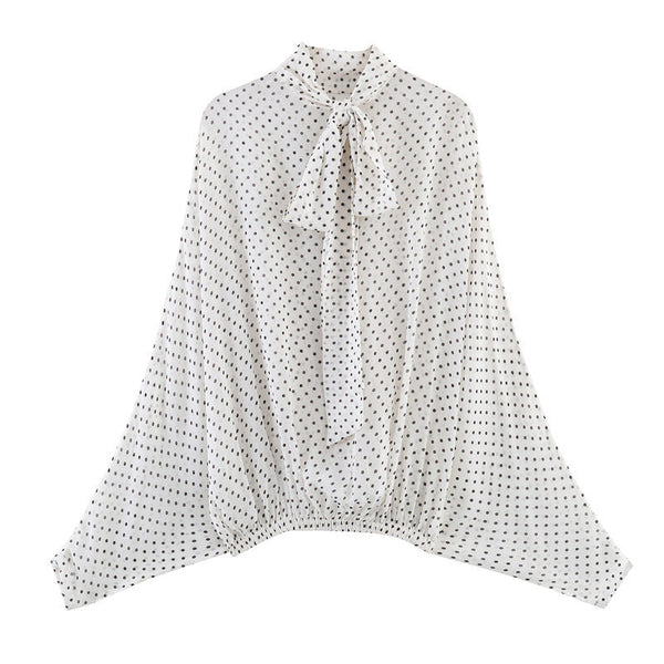 Seraphina Flowing Lantern-Sleeve Polka Dot Blouse