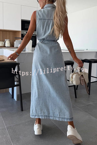 Solid Color Sleeveless Single Breasted Waist Tie Casual Pocket Denim Midi Dress