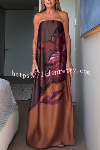 Drawing Inspiration Satin Floral Print Off Shoulder A-line Slit Maxi Dress