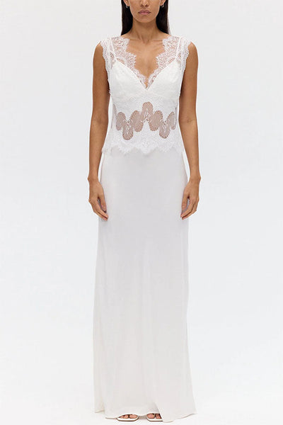 Effortless Elegance Satin Sheer Lace Patchwork V-neck Drape Maxi Dress