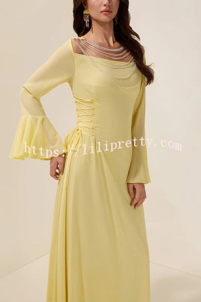 Fashionable Beaded Long-sleeved Square-neck Fitted Waist Tie Maxi Dress
