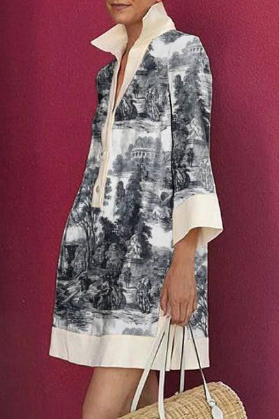 Women's Three-Quarter Sleeves Printed Lapel Shirt Dress