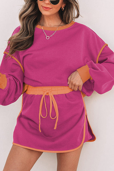 Fashion Round Neck Long Sleeve Spliced Casual Top and Elastic Waist Loose Shorts Set