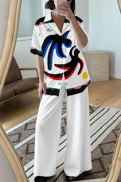 Dancing People Print Oversized Blouse and Elastic Waist Pocketed Pants Set