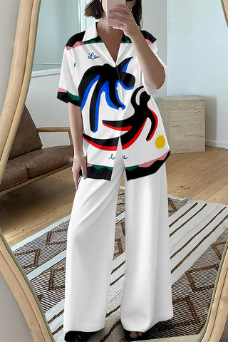 Dancing People Print Oversized Blouse and Elastic Waist Pocketed Pants Set