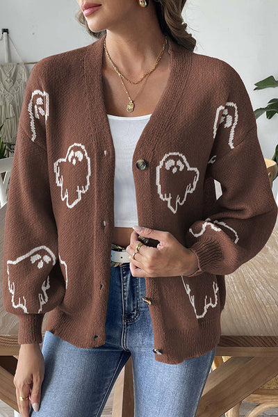 Halloween Ghost Pattern Casual Button-Down Knit Sweater