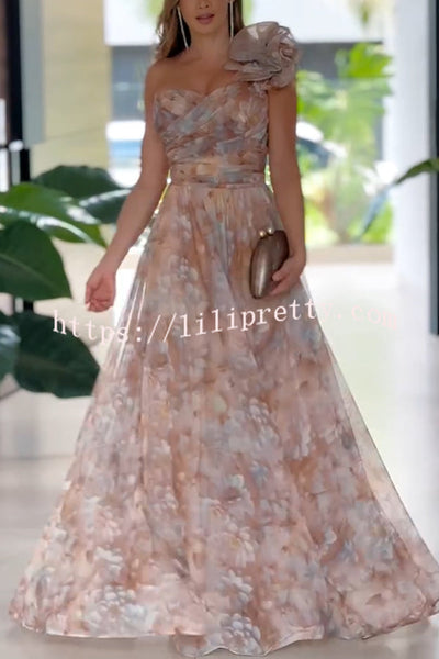 Romantic Ball Chiffon Floral One-shoulder Pleated Design Back Lace-up Gown Maxi Dress