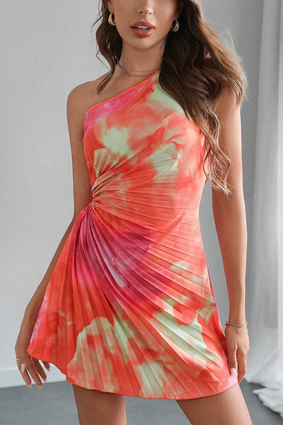 Fashion Tie-Dye One-Shoulder Hollow Pleated Mini Dress