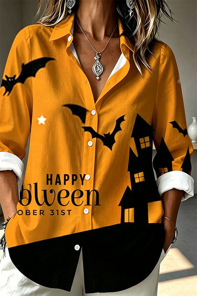 Halloween Haunted Castle & Bats Button-Up Shirt