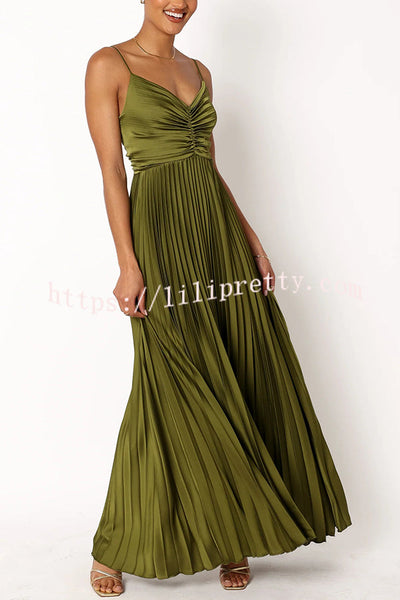 Catch The Light Satin Pleated V-neck Slip Maxi Dress