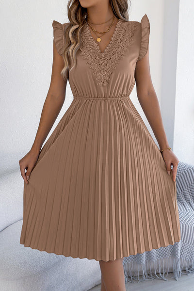 Solid Color V-neck Lace-trimmed Sleeveless Casual Pleated Midi Dress