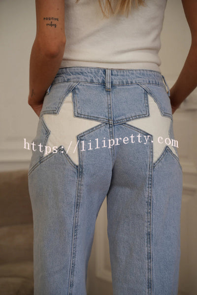 Stylish Denim Colorblock Star Patterned Mid Waist Pocket Wide Leg Jeans