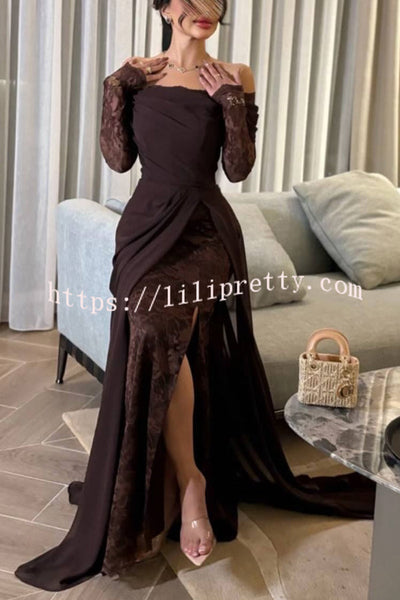 Elegant Patchwork Lace Off-shoulder Long-sleeved Slim-fit Maxi Dress