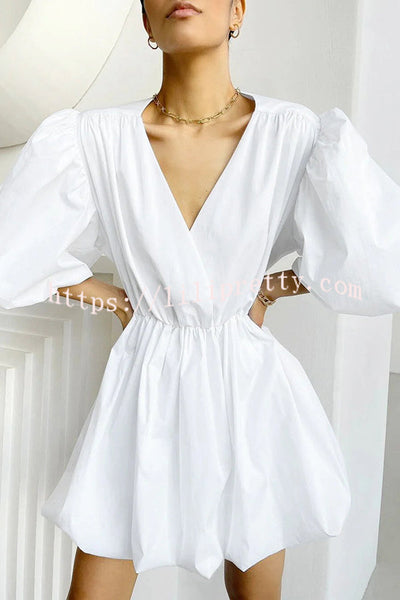 Solid Color Sexy V-neck Lantern Sleeve Waist Mini Dress