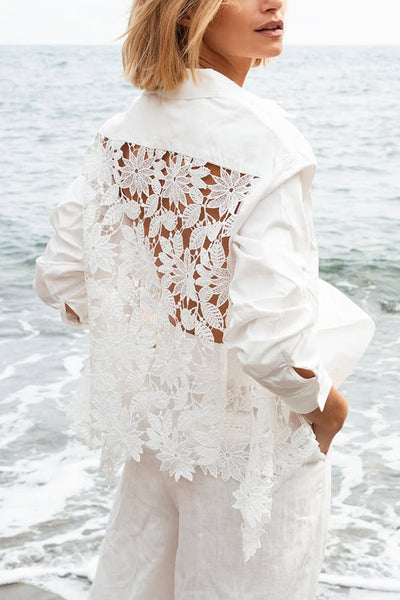 Daisy Long Sleeve Back Crochet Floral Lace A-line Blouse