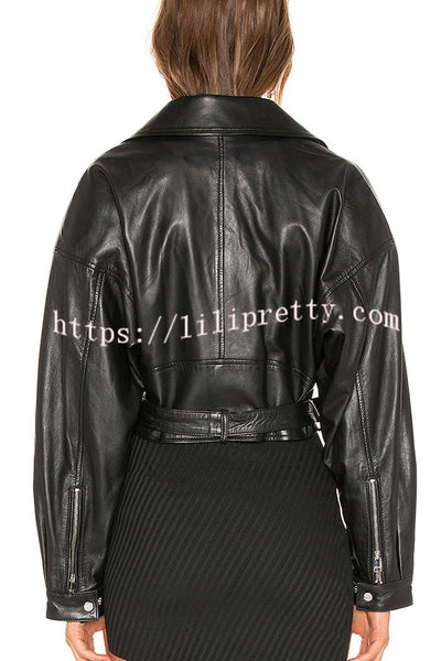 Fashion Lapel Long Sleeve Casual Zipper Pocket Leather Jacket