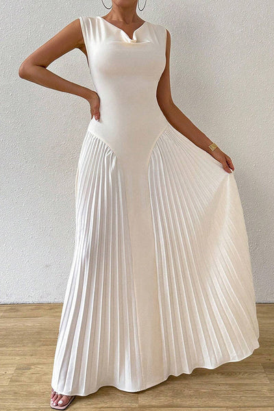Solid Color Sleeveless Slim Fit Pleated Full Hem Maxi Dress