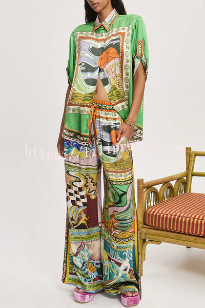 Unique Printed Lapel Short-sleeved Loose Shirt and Elastic Waist Tie Wide-leg Pants Set