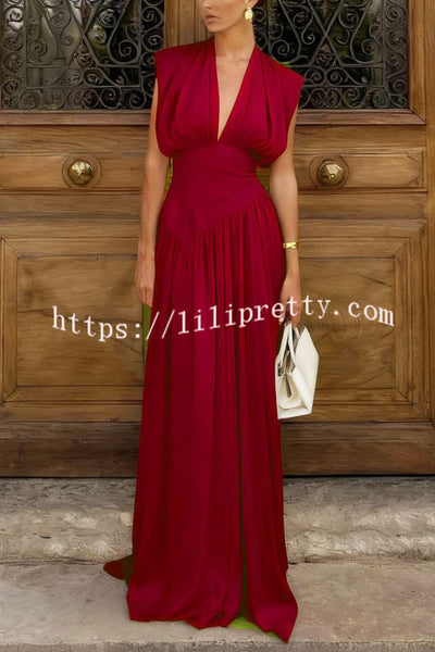 Elegant V-neck Sleeveless Fitted Waist High Slit Vacation Maxi Dress