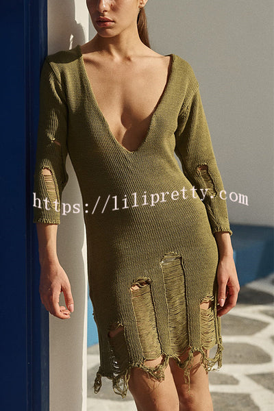 Solid Color V-neck Long Sleeve Slim Fit Raw Edge Knitted Mini Dress