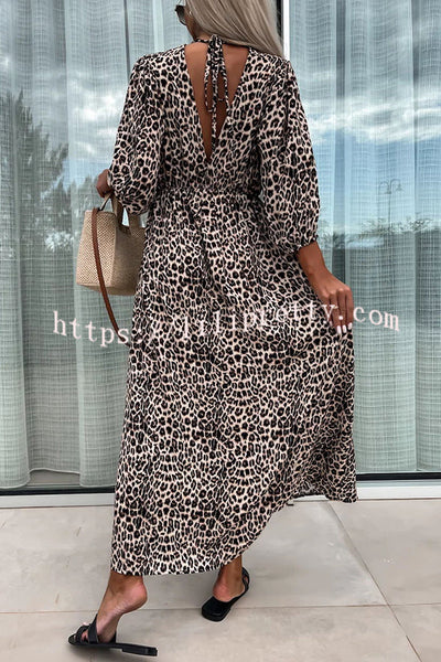 Wild Jungle Leopard Print Stretchy Waist Back Tie-up Maxi Dress
