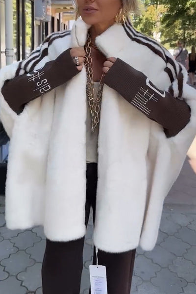 Fashion Sports Stripe Print and Ribbed Embroidered Long Sleeve Zipper Stand Nack Pocket Plush Coat