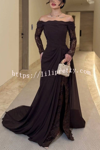 Elegant Patchwork Lace Off-shoulder Long-sleeved Slim-fit Maxi Dress