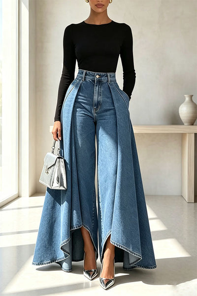 High-Waist Overlay Wide-Leg Jeans