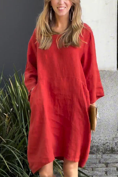 Linen Blend Solid Loose Casual Pocket Mini Dress