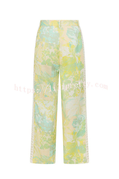 Summer Elegant Printed Curved Crochet Trim Camisole Top and Elastic Waist Casual Pocket Wide-leg Pants Set