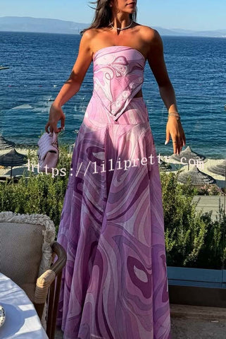 Nessie Satin Unique Print Scarf Tube Top and High Rise A-line Maxi Skirt Set
