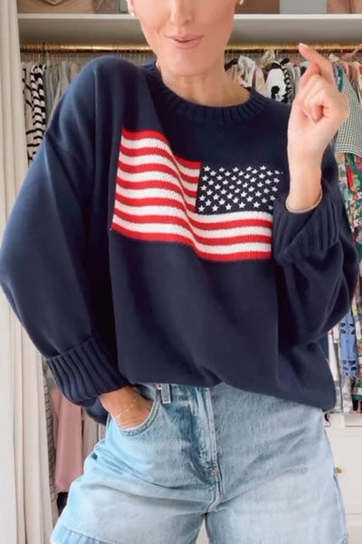 Flag Pattern Knitted Casual Crewneck Long Sleeve Sweater