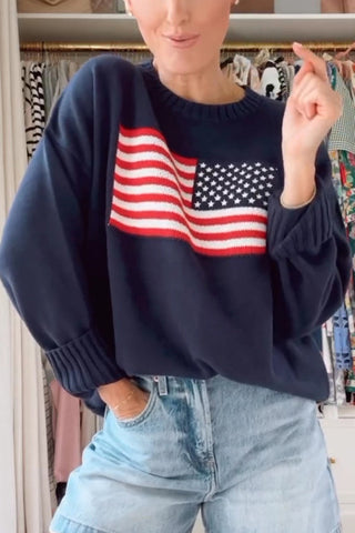 Flag Pattern Knitted Casual Crewneck Long Sleeve Sweater