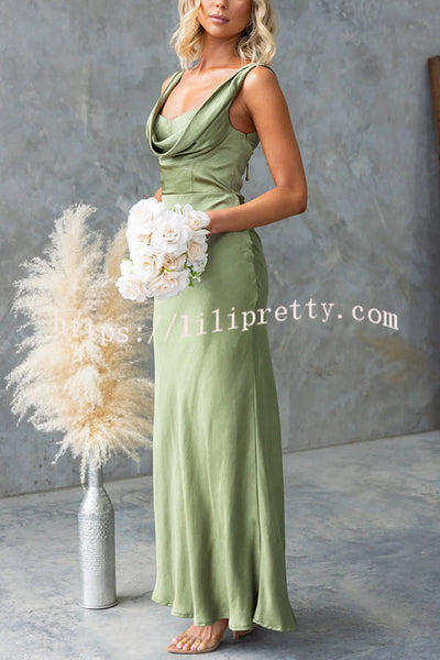 Chic Muse Satin Solid Color Cowl Neck Back Tie-up Maxi Dress