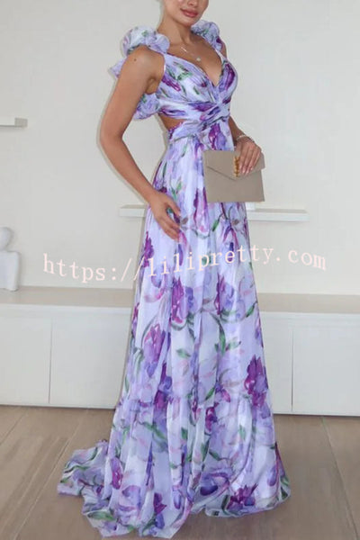 Whimsy Grace Tulle Floral Ruffle Detail Back Lace-up Pleated Maxi Dress