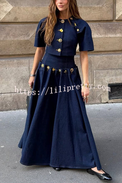Custom Look Denim Unique Metal Pattern Buttons Lace-up Waist Crisp Hem Maxi Skirt